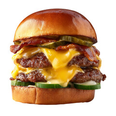 A delicious burger is ready to eat. The image features a burger with layered patties, cheese, and garnishes, promising a delightful meal