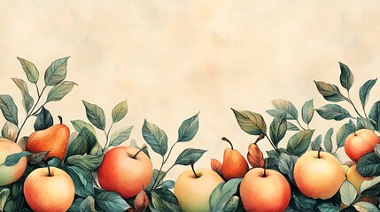 A digital illustration of apple and pear border with autumn leaves, stylized, warm orange and green tones, soft beige background, charming rustic vibe. Created Using: digital painting, warm palette,