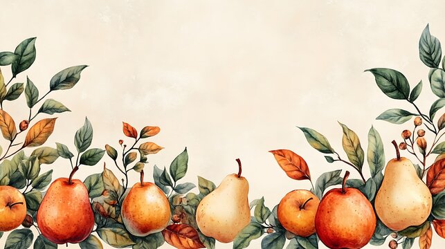 A digital illustration of apple and pear border with autumn leaves, stylized, warm orange and green tones, soft beige background, charming rustic vibe. Created Using: digital painting, warm palette,