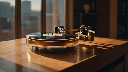 Turntable on a wooden table with a blurred cityscape in the background.