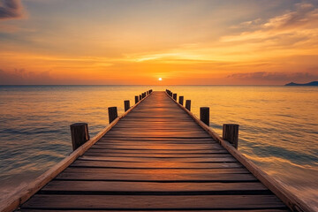 Fototapeta premium A long wooden pier stretches over calm water towards a vibrant sunset with orange and yellow hues on the horizon and distant mountains.