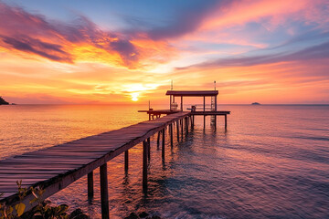 Fototapeta premium A long wooden pier stretches over calm water towards a vibrant sunset with orange and yellow hues on the horizon and distant mountains.