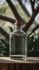 Clear glass bottle with cork stopper sits on a wooden surface outdoors.