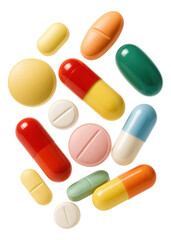 A collection of colorful assorted pills and capsules in various shapes and sizes on transparent background.
