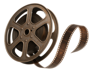 Vintage film reel with unwinding film strip in a classic metal design on transparent background.