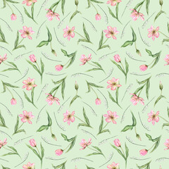 Seamless pattern of pastel pink light bud Tulips and white lily of the valley watercolor illustration isolated on background. Hand drawn delicate spring flowers for spring wedding repeat design