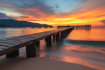 Obraz premium A long wooden pier stretches over calm water towards a vibrant sunset with orange and yellow hues on the horizon and distant mountains.