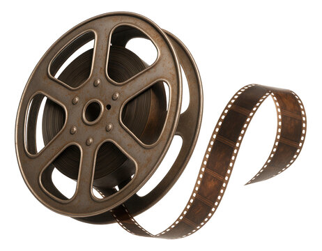 Vintage film reel with unwinding film strip in a classic metal design on transparent background.