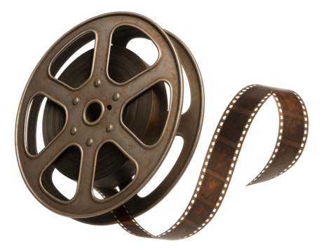 Vintage film reel with unwinding film strip in a classic metal design on transparent background.