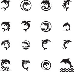 dolphin black and white icons set