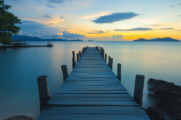 Obraz premium A long wooden pier stretches over calm water towards a vibrant sunset with orange and yellow hues on the horizon and distant mountains.