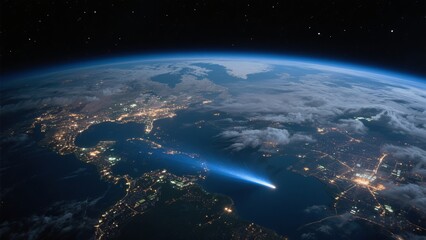 Fototapeta premium Earth from Space Night Illustration: Twinkling City Lights, Blue Beam and Deep Space Background, Blending Natural Landscapes and Technological Elements