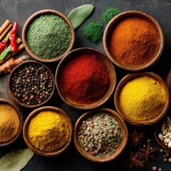 Aromatic collection of colorful spices in wooden bowls. Diverse mix of herbs and powders.