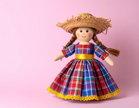 Boneca Caipira Tradicional com Vestido Xadrez e Chap&eacute;u de Palha