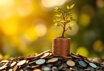 Coin tree growing from savings pile, sunlit bokeh background,   stock market,  financial