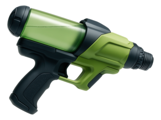 Close-up of a modern, green garden hose nozzle with ergonomic handle design on transparent background.