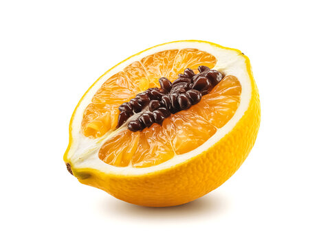 A whole araca boi fruit isolated on white background yellow citrus look juicy interior