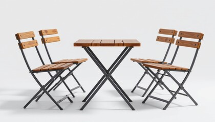 Stylish Wooden Cafe Set with Four Folding Chairs and Square Table on White Background for Modern Outdoor Decor