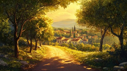 Fototapeta premium Sunlit village nestled in a valley, bathed in golden light. Lush greenery surrounds a winding path leading to quaint terracotta-roofed houses