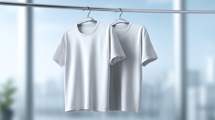 Two plain white t-shirts hang on silver hangers against a blurred blue and white background, perfect for a minimal or casual aesthetic.
