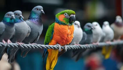 Obraz premium Vibrant parrot among pigeons on a wire urban setting wildlife close-up colorful display nature's beauty