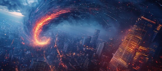 Fiery vortex over a city at night