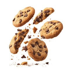 Chocolate chip cookies falling in mid-air, creating a delicious and visually appealing display of texture and color. Some cookies are cracked.