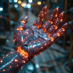 Fototapeta premium Futuristic Robotic Hand with Holographic Interface AI and Technology Concept