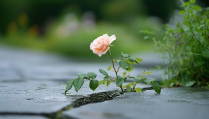 Resilience in bloom a single rose growing through cracks in concrete urban environment nature photography close-up perspective