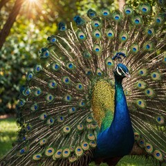 Obraz premium A vibrant peacock spreading its iridescent tail feathers in full display, standing in a lush green garden under soft sunlight.