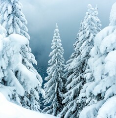 Snow-Covered Evergreen Trees in Winter Landscape