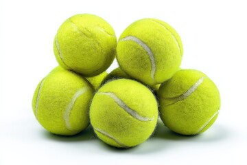 A pyramid of six tennis balls, bright yellow with white seams, against a stark white background.  Ready for a game!
