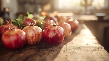 A hyper-realistic photo of pomegranates and figs forming a border on rustic wooden surface, top-down shot, blurred kitchen background, warm lighting, vivid textures. Created Using: DSLR simulation,