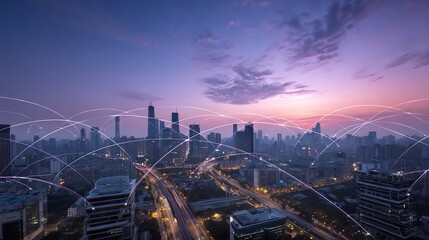 A futuristic city skyline at dusk features digital network connections linking buildings across the urban landscape