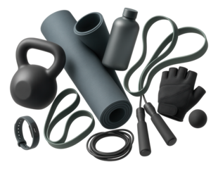 Collection of black and gray fitness equipment including a kettlebell, yoga mat, resistance bands, jump rope, sports bottle, glove, and smartwatch on transparent background.