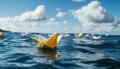 Floating paper boats amid real ones ocean waters metaphorical art calm environment aerial view imagination unleashed