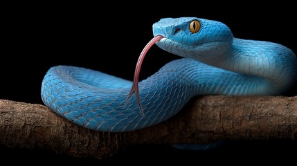Fototapeta premium A striking blue snake with yellow eyes and a forked tongue rests coiled on a branch against a black background