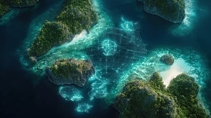 Naklejka premium Tropical islands overlaid with a network