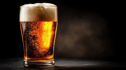 A pint glass of golden beer with a frothy head sits on a dark surface, highlighted by dramatic lighting that emphasizes the bubbles and amber color