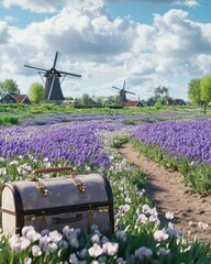 Lavender suitcase in tulip field netherlands scenic photography spring landscape vibrant colors dreamy perspective