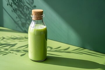 Green Smoothie in Glass Bottle on Green Surface – Low Angle Natural Light Photography