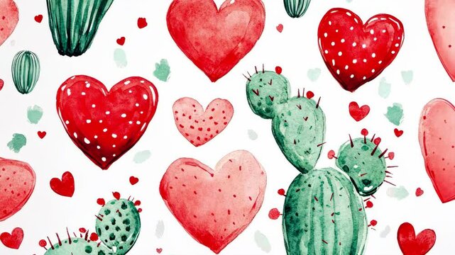 Hearts and cactus watercolor pattern for Valentine's Day themes