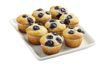 Nine golden blueberry muffins with juicy berries in rows arranged in a white tray, top view isolated on white transparent background, concept of homemade baking