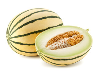 A whole pepino melon cut in half isolated on white background striped skin pale interior
