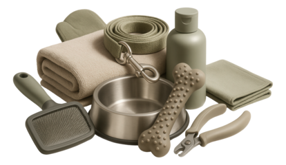 Collection of pet care items including a bowl, brush, bone toy, towel, leash, bottle, and nail clippers on transparent background.