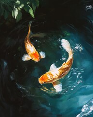 Orange koi fish swimming upstream in a vibrant blue stream underwater scene serene environment close-up view nature's beauty