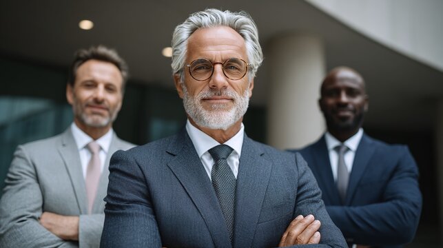 Three confident businessmen in suits stand together. A silver-haired man smiles in the foreground, with his team behind him, exuding leadership and success.