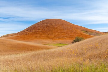 Obraz premium Golden Grasslands Rolling Hills Landscape Scenic Autumnal View of a Lush Hilltop under a Blue Sky