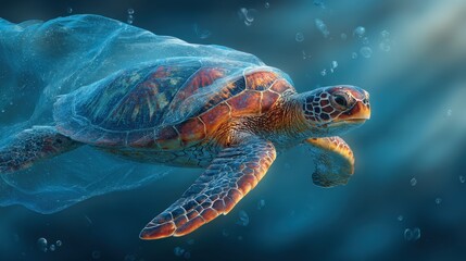 Fototapeta premium Sea Turtle Mistaking Plastic Bag for Jellyfish – Underwater Environmental Crisis