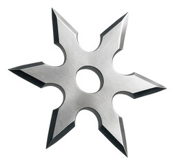 Sharp metal ninja star with six pointed blades and circular center on transparent background.
